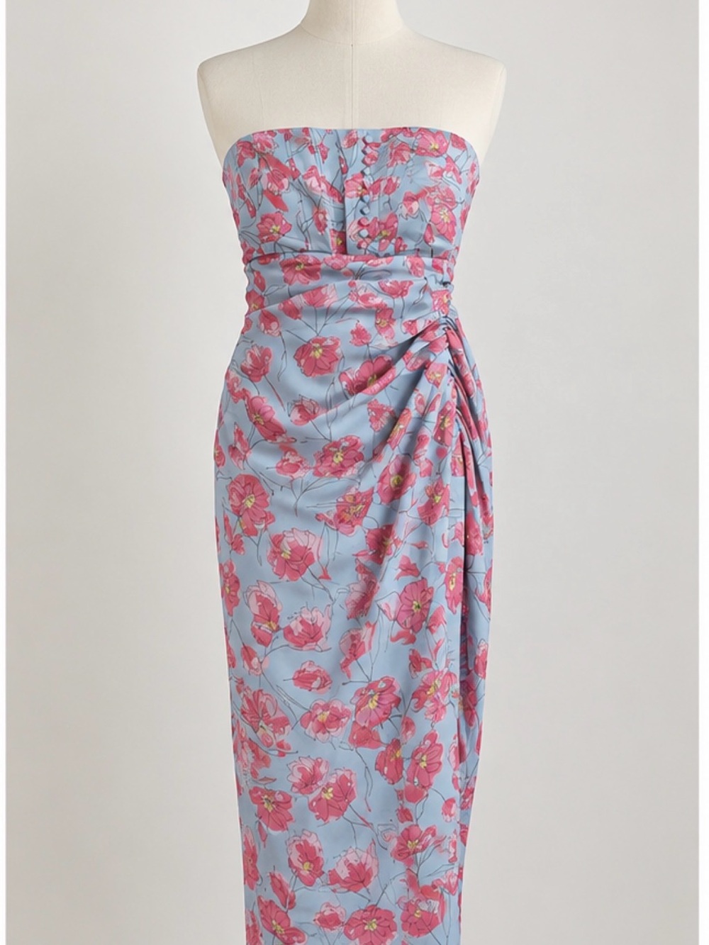 Strapless Pink Floral Midi Dress on Light Blue